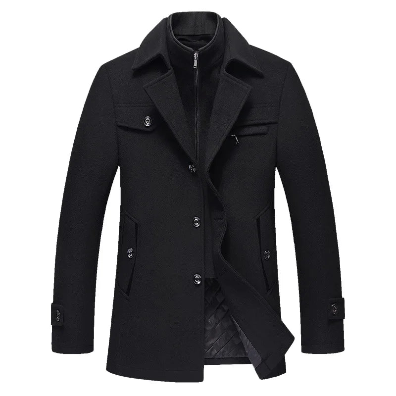 BROWON 2025 Mens Winter Woolen Coats men Long Sleeve Turn Down Collar Faux Two-piece Work Business Wool Jacket Overocat for Man