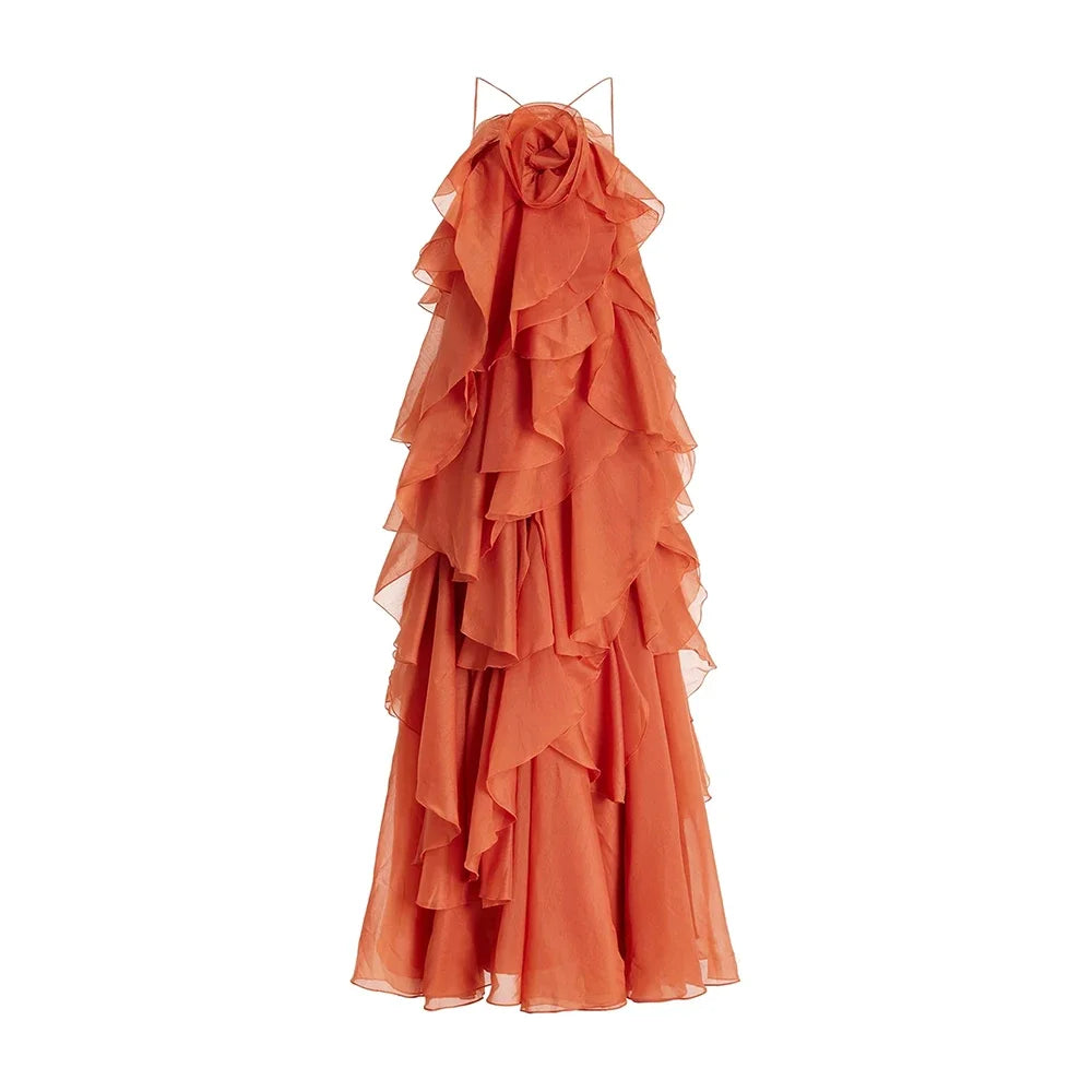 VGH Sexy Spliced Ruffles Backless Loose Dresses for Women Strapless Sleeveless Patchwork Flowers Minimalist Long Dress Female
