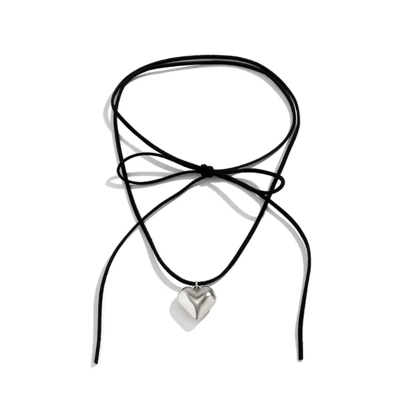 Heart Pendant Collar Necklace Long  Rope Bow Tie Choker Necklace Fashion Jewelry Neck Tie Clavicle Chain Necklace