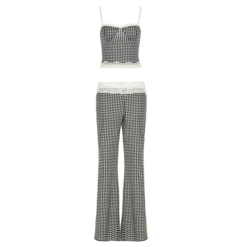 2024 New Plaid Lace Flare Pants Sets Patchwork Elegant Women Casual Two Piece Suit Streetwear Sweet Tank Top Autumn Slim Fit Set