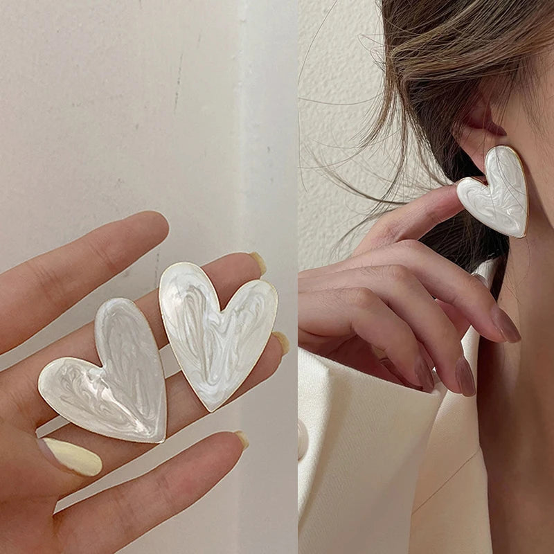 Big Heart Stud Earrings for Women Girl Korean Love Drop Glaze Aesthetic Daily Life Minimalist Jewelry