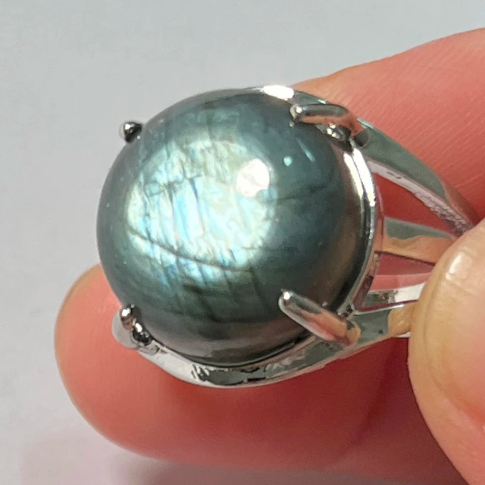 Ring Natural Stone Round Bead Blue Labradorite Adjustable Finger