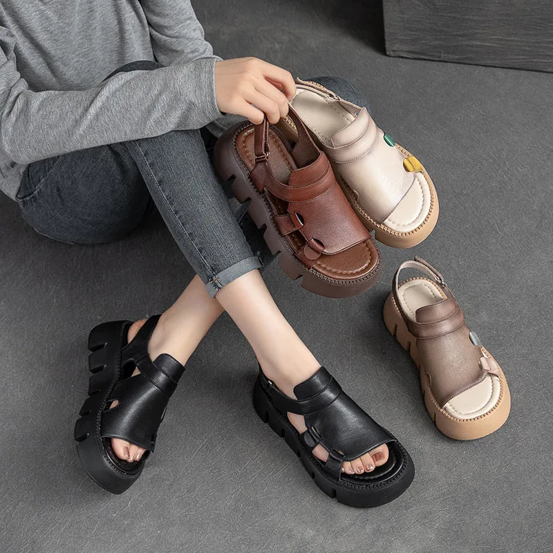 Women's Sandals  Summer Genuine Leather Thick Sole Ladies Sandals Summer Shoes Women Retro Style Handmade Shoes