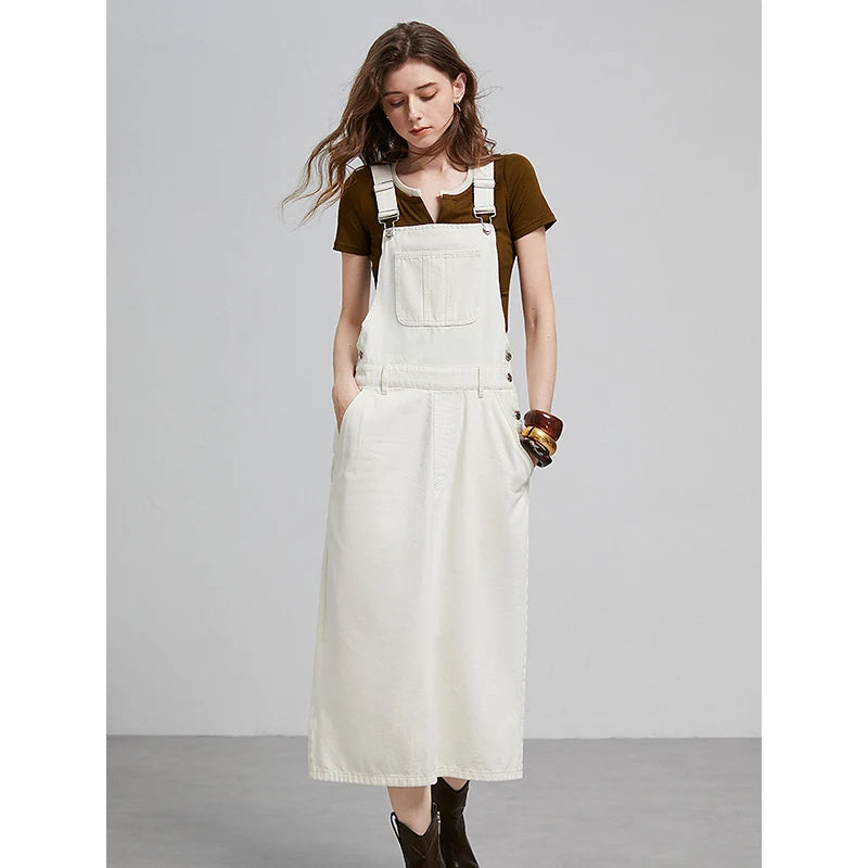 TOYOUTH Women Overalls 2025 Spring New College Style Cotton Medium Length Sleeveless Denim Dress