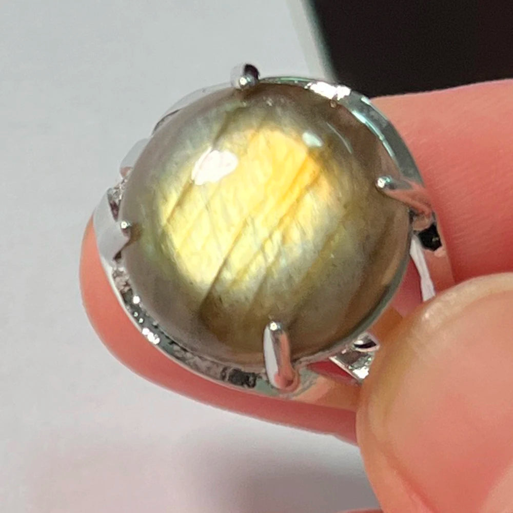 Ring Natural Stone Round Bead Blue Labradorite Adjustable Finger
