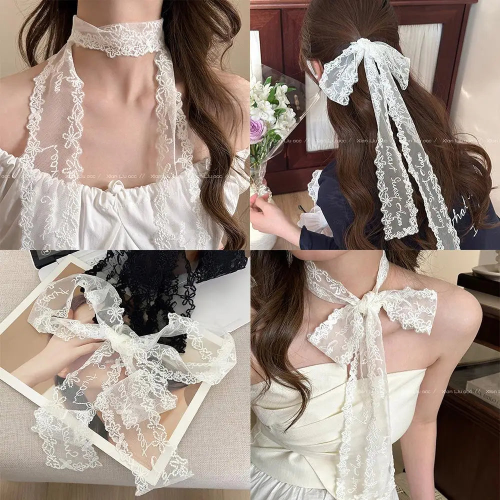 Sweet Flower Retro Lace Neck Strap Transparent Dressing Decoration Hair Band Korean Style Neckerchief Long Ribbon Head Scarf