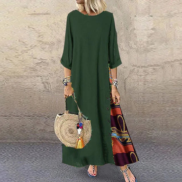 Cotton Linen Vintage Long Dresses Women Three Quarter Sleeves Splicing Print Loose A-line Dress Fashion Casual Lady Maxi Vestido