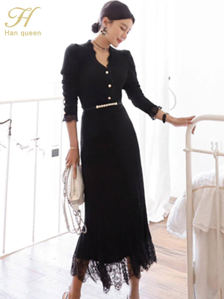 H Han Queen Women Winter OL Work 2 Pieces Suit Knitted top & Stitching Lace Long Skirt Simple Slim Casual Occupation Sweater Set