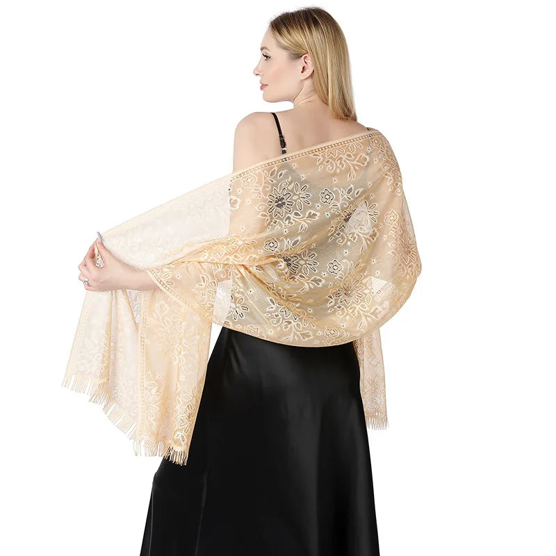 Pure Color Floral Mesh Lace Shawls for Women Evening Dresses Shawl Bridal Bridesmaid Wedding Boleros Lady Party Capes Wraps