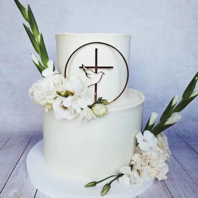 New Baptist Cake Topper Boys and Girls Pigeons IHS Eucharist Golden Cake Topper for Birthday Party Acrylic cake decoration