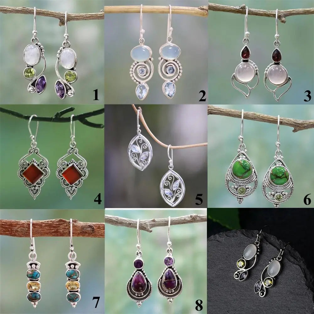Vintage Women Natural Charm Multi-Gemstone Rainbow Moonstone Peridot Amethyst Turquoise Pendant Earrings Dangle Earrings Jewelry