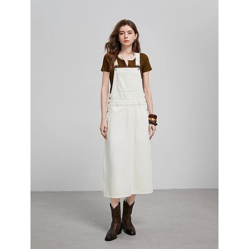 TOYOUTH Women Overalls 2025 Spring New College Style Cotton Medium Length Sleeveless Denim Dress
