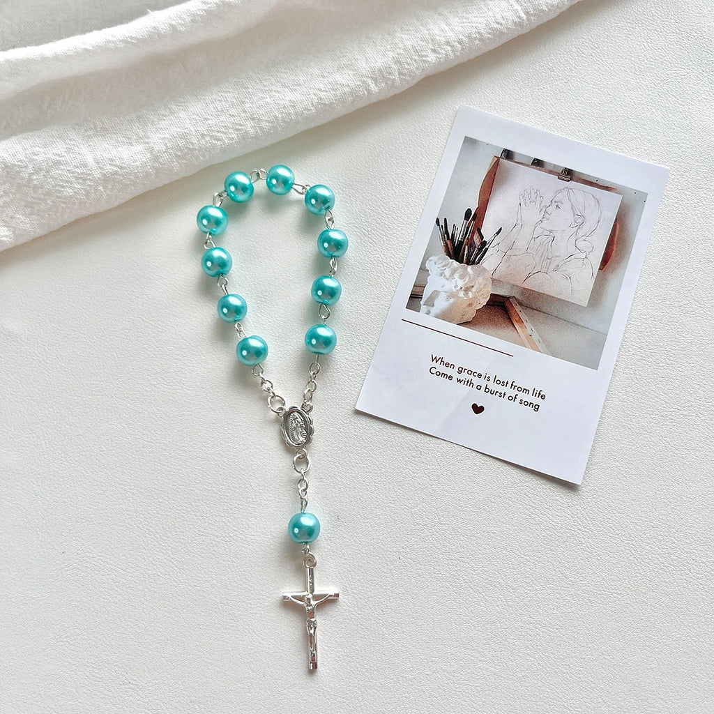 1Pcs Baby 6/8mm Glass Pearl Rosary Bracelet Eucharist Gift Cross Finger Chain Religion Mini Rosary Bracelet Pray