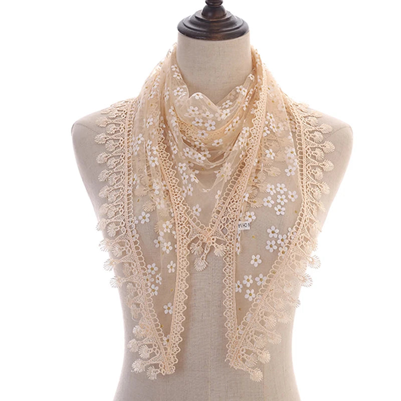 160*50cm Women Tassel Triangle Scarf for Church Prayer Shawl Embroidered Lace Veil Floral Headcovering Veils for the Church's