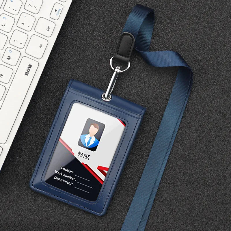 Genuine Leather ID Badge Holder Name Tag Chest Card Holders with Neck Lanyard Formal Staff Office Worker Supplies Magnet Hasp