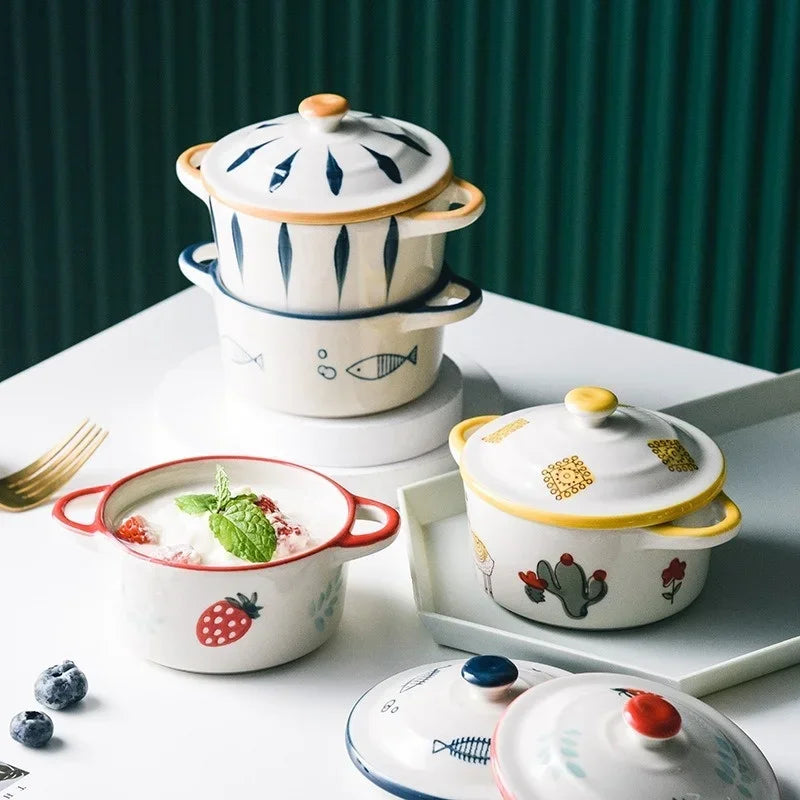 Ceramic Bowl Cartoon Double Ear Bowl with Lid Kid Food Supplement Bowl Ramen Bowl Salad Food Containers Microwave Oven Tableware