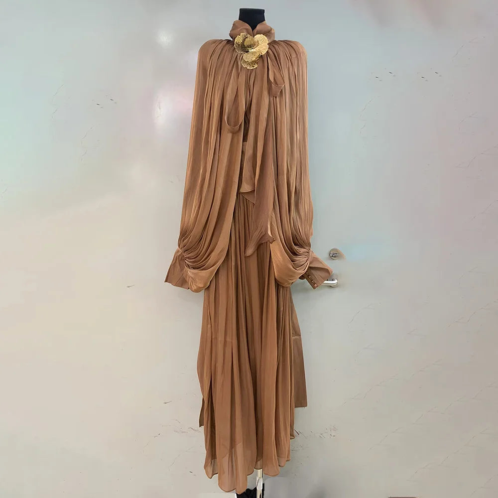 VGH Minimalist Spliced Folds Maxi Dresses for Women Scarf Collar Lantern Sleeve Loose Waist Casual Temperament Dress Female New