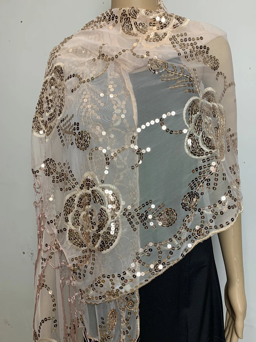 Glitter Sequins Shawls and Wraps for Evening Dresses Women's Mesh Wedding Cape Bridal Bridesmaid Shrugs Fringed Party Shawl