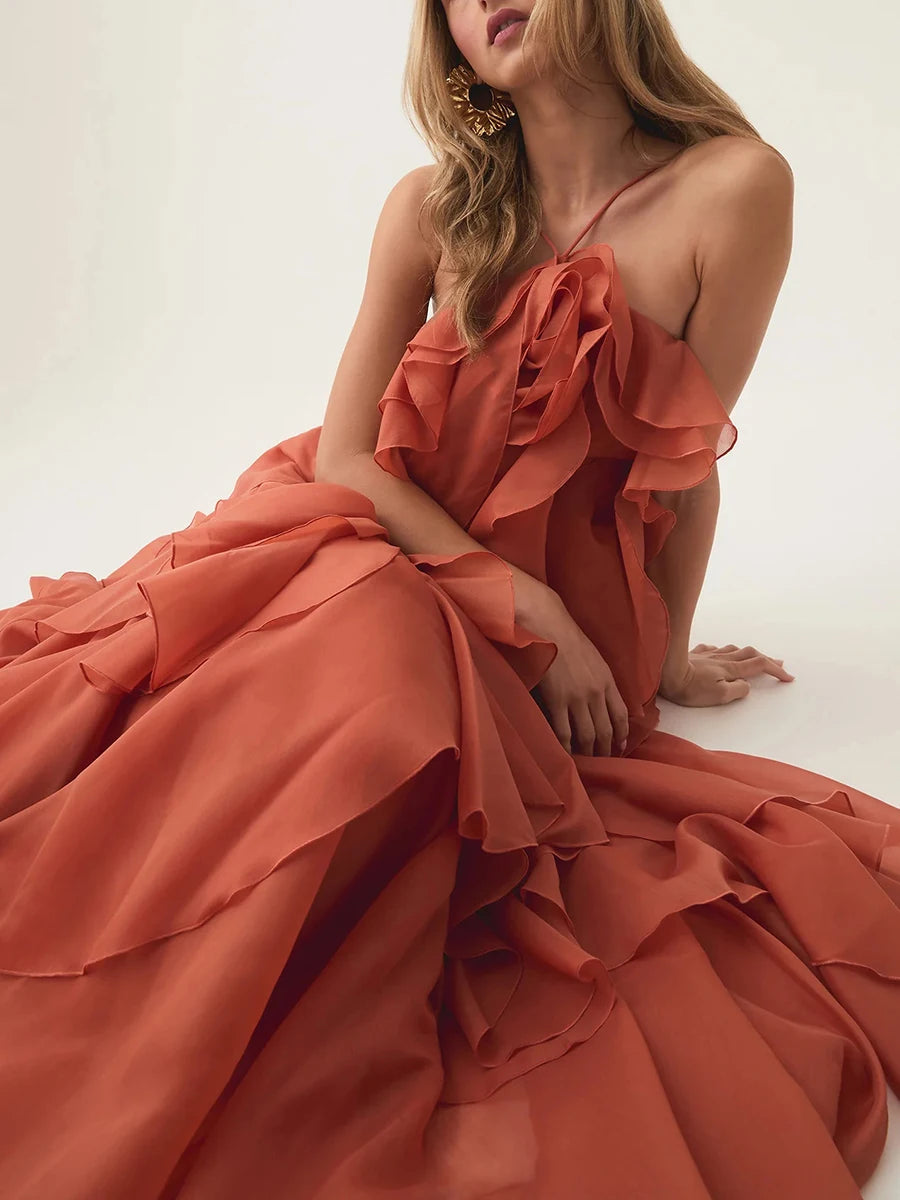 VGH Sexy Spliced Ruffles Backless Loose Dresses for Women Strapless Sleeveless Patchwork Flowers Minimalist Long Dress Female