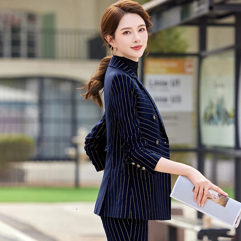 NAVIU Fashion Women Office Ladies Formal Golden stripes Pants Suit Set Female Business Work Wear Blazer Jacket And Trouser