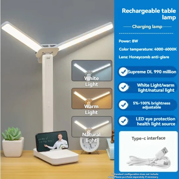 Dual Head LED Desk Lamp, Foldable Dimmable Reading Light with USB Rechargeable Battery, Night Light for Bedroom, Dorm, Study