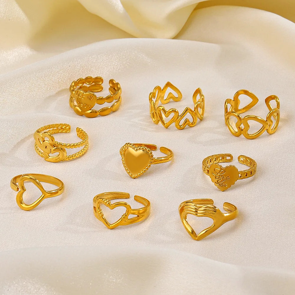 2023 New Gold Color Stainless Steel Finger Ring Minimalist Metal Heart Love Opening Ring for Women Girls Party Jewelry Gift