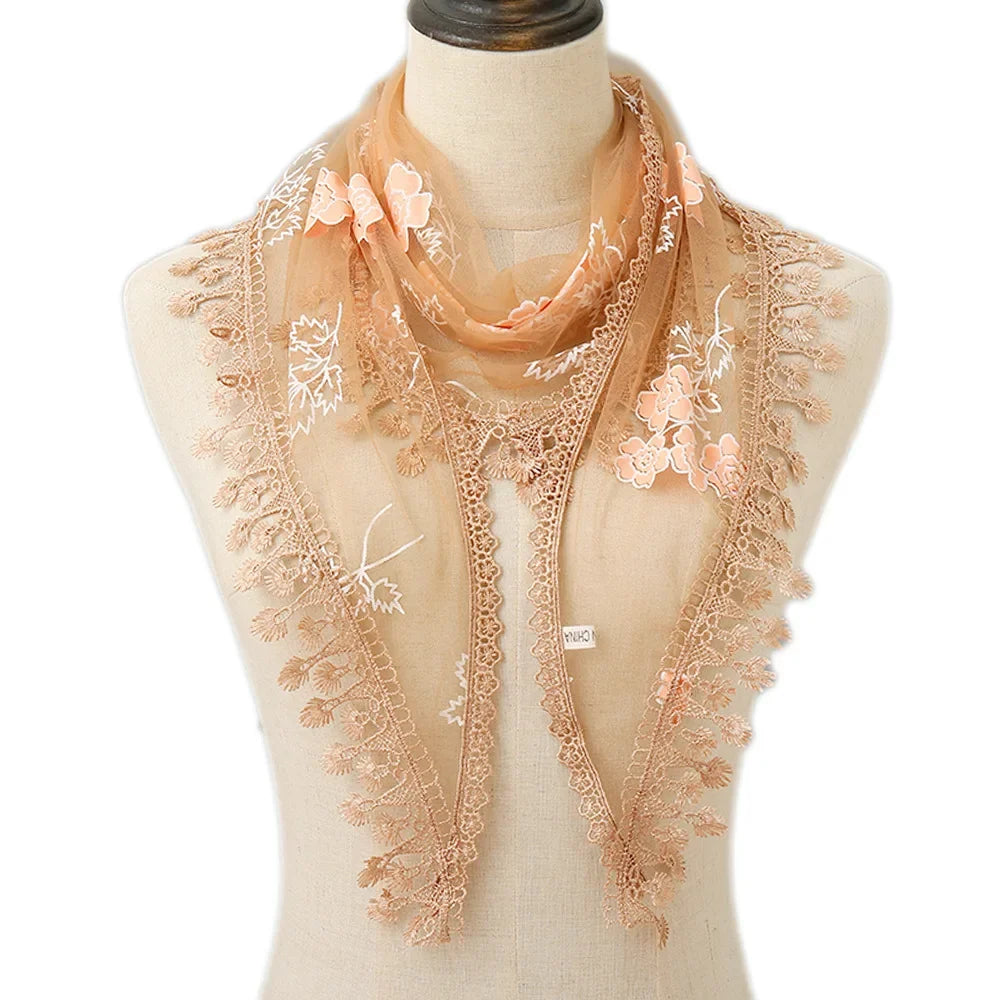 Fashion Women Triangle Wrap Fringed Shawls Head Scarf Tassel Embroidery Lace Scarves Flower Hijab Bandana Prayer Kerchief Church