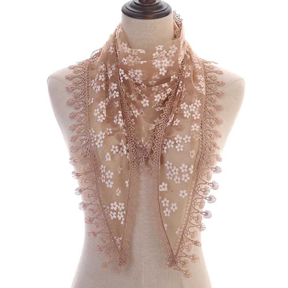 Fashion Women Triangle Wrap Fringed Shawls Head Scarf Tassel Embroidery Lace Scarves Flower Hijab Bandana Prayer Kerchief Church