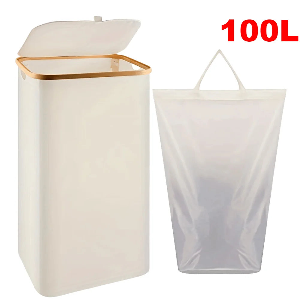 100L Dirty Clothes Bag Box Foldable Laundry Hamper Basket with Bamboo Handle&Lid with Removable Liner Bag for Laundry Room Dorm