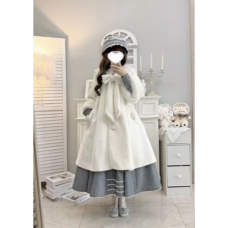 Winter Plush Long Coat Women Clothing Bow Lolita Style Autumn/Winter College Style Commuter Sweet Bow A-line Wool Coat for Women