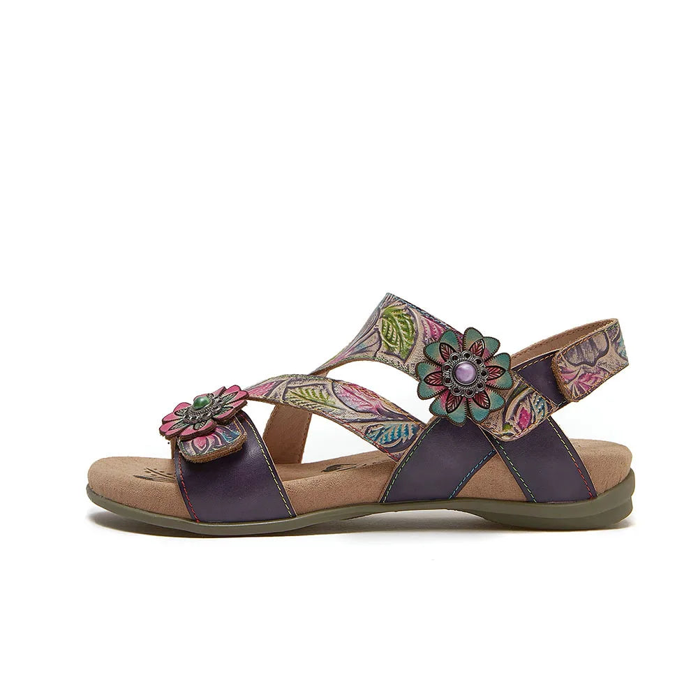 Johnature Bohemian Vintage Printed Genuine Leather Sandals Summer 2025 New Versatile Lightweight Women's Shoes