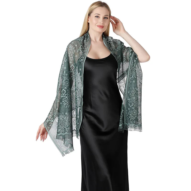 Pure Color Floral Mesh Lace Shawls for Women Evening Dresses Shawl Bridal Bridesmaid Wedding Boleros Lady Party Capes Wraps