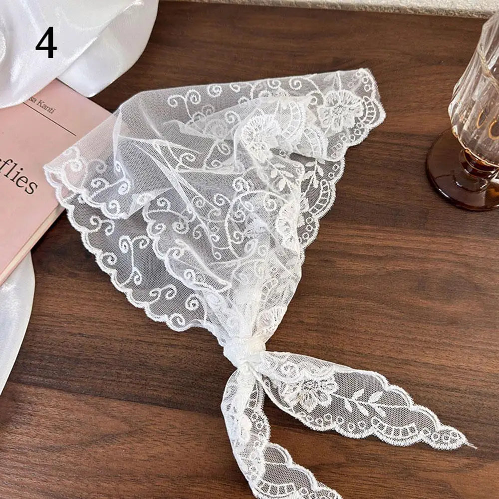Elegant Lace Floral Hair Scarf Women Triangle Headscarf Korean Lace Up Neck Scarf Lace Flower Sunscreen Travel Photo Headband