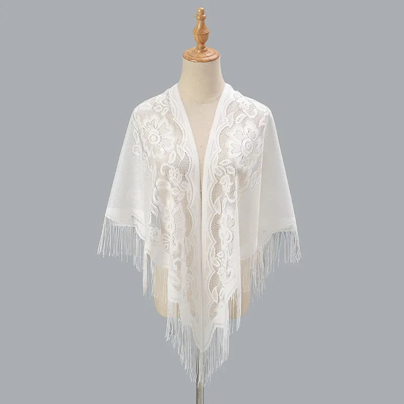 Fashion Women Triangle Wrap Fringed Shawls Head Scarf Tassel Embroidery Lace Scarves Flower Hijab Bandana Prayer Kerchief Church