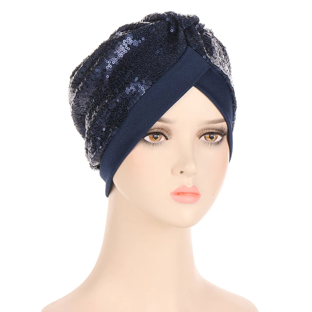 Muslim Headscarf Bonnet Glitter Sequins Hijab Turban Female Head Wraps India Hat Islam Headwear Accessories Chemo Caps beanies