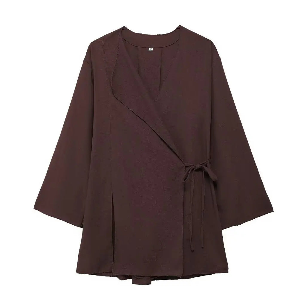 Fashion Linen 2 Pieces Women 2024 Spring Summer Kimono Style Loose Lace Up Shirts Tops Women's Wide Leg Pants Sets