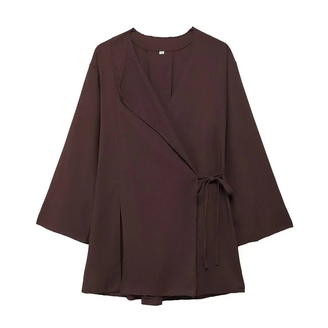 Fashion Linen 2 Pieces Women 2024 Spring Summer Kimono Style Loose Lace Up Shirts Tops Women's Wide Leg Pants Sets