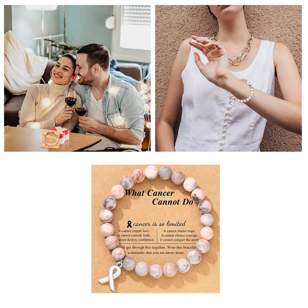 Natural Stone Bead Bracelets Ribbon Charm Inspirational Breast Cancer Awareness Bangle Gifts Encouragement For Women Jewelry
