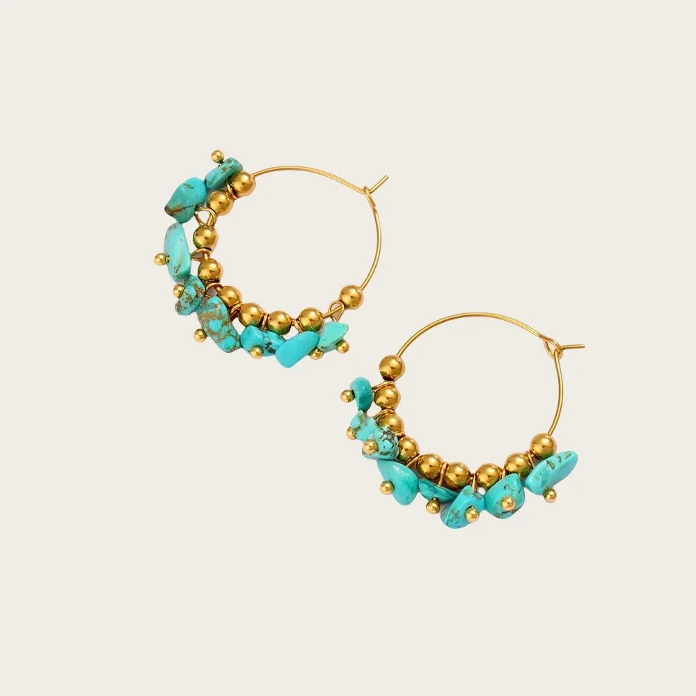 Bohemia Style Handmade Stainless Steel Turquoise Crystal Gold Ball Beads Earrings