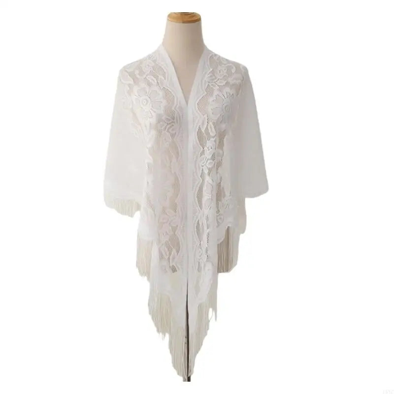 15YC Stylish Lace Ponchos with Fringed Edges Multiuse Shawl for Various Outfit Eye Catching Sunproof Triangle Shoulder Wrap