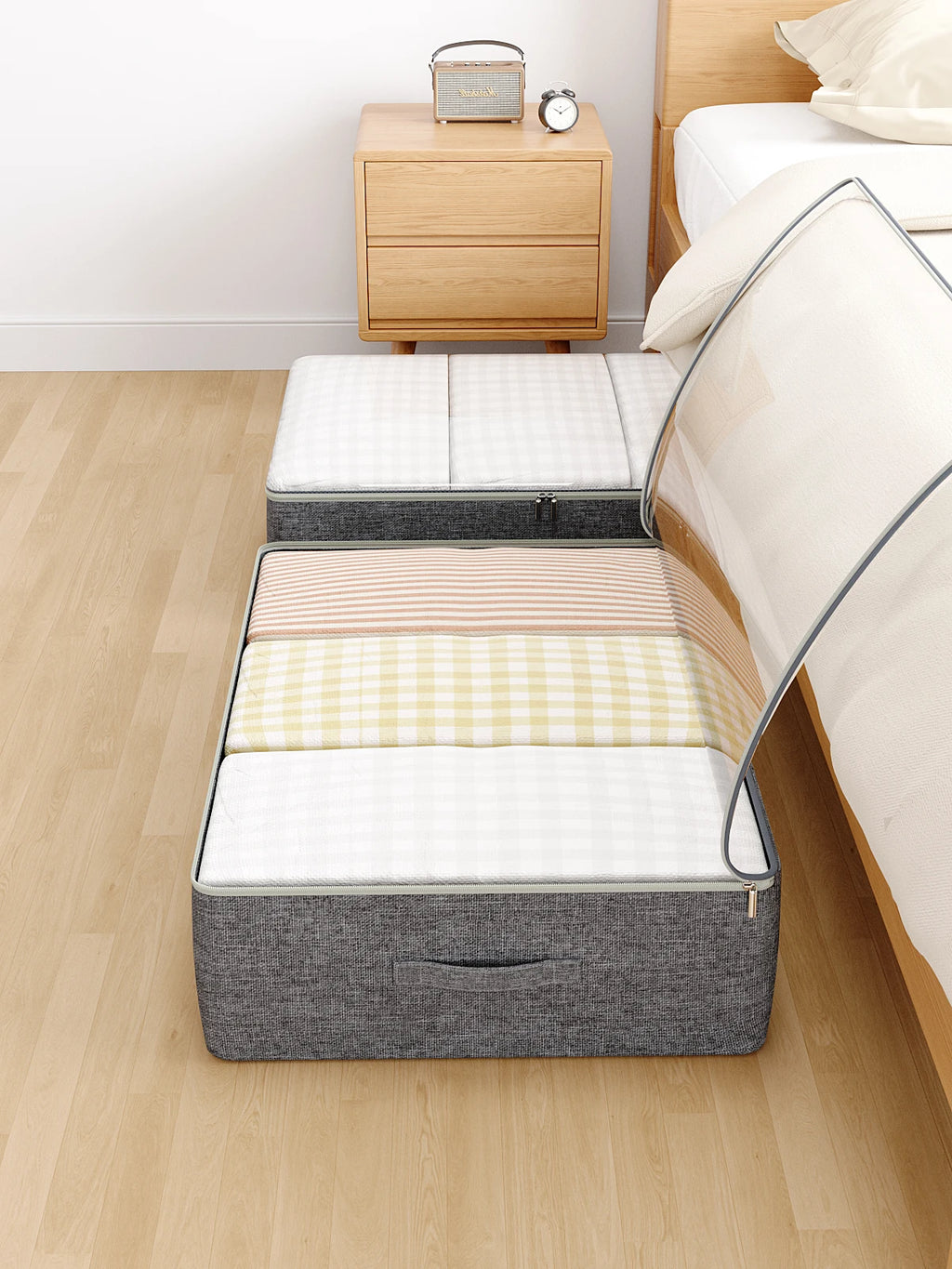 Large comforter handling under-bed storage bags are suitable for packing travel camping college dormitories and laundry