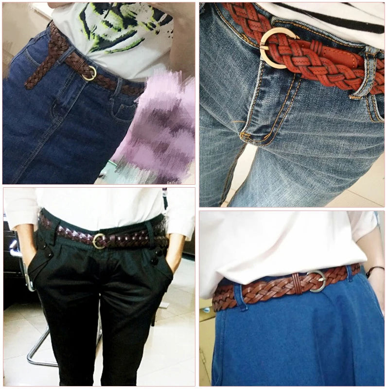 Women Leather Belt Waist Bands with Round Gold Buckle Braided Dress Belt Casual Thin Belt For Student Ladies Clothes Accessories