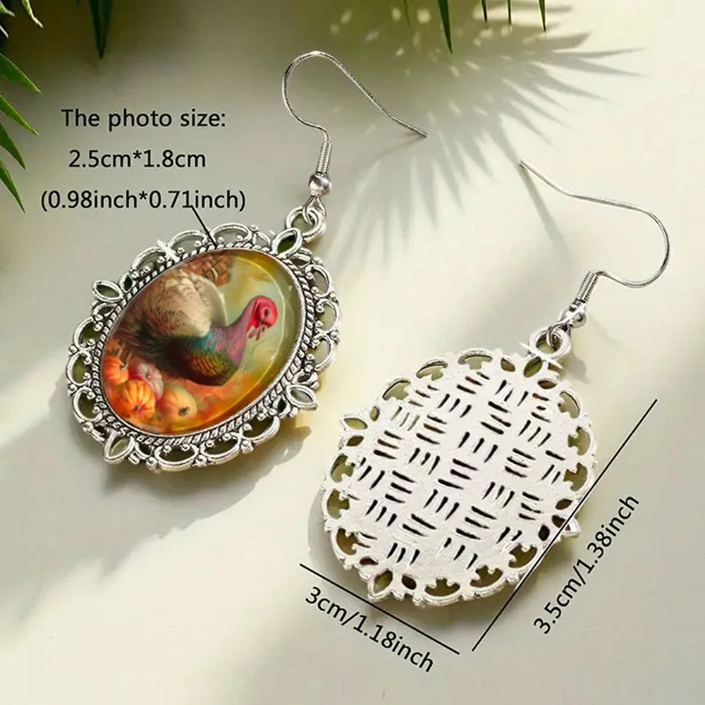 New Autumn Thanksgiving Earrings Turkey Oval Glass Dome Alloy Dangle Earrings Thanksgiving Gift Jewelry Gift
