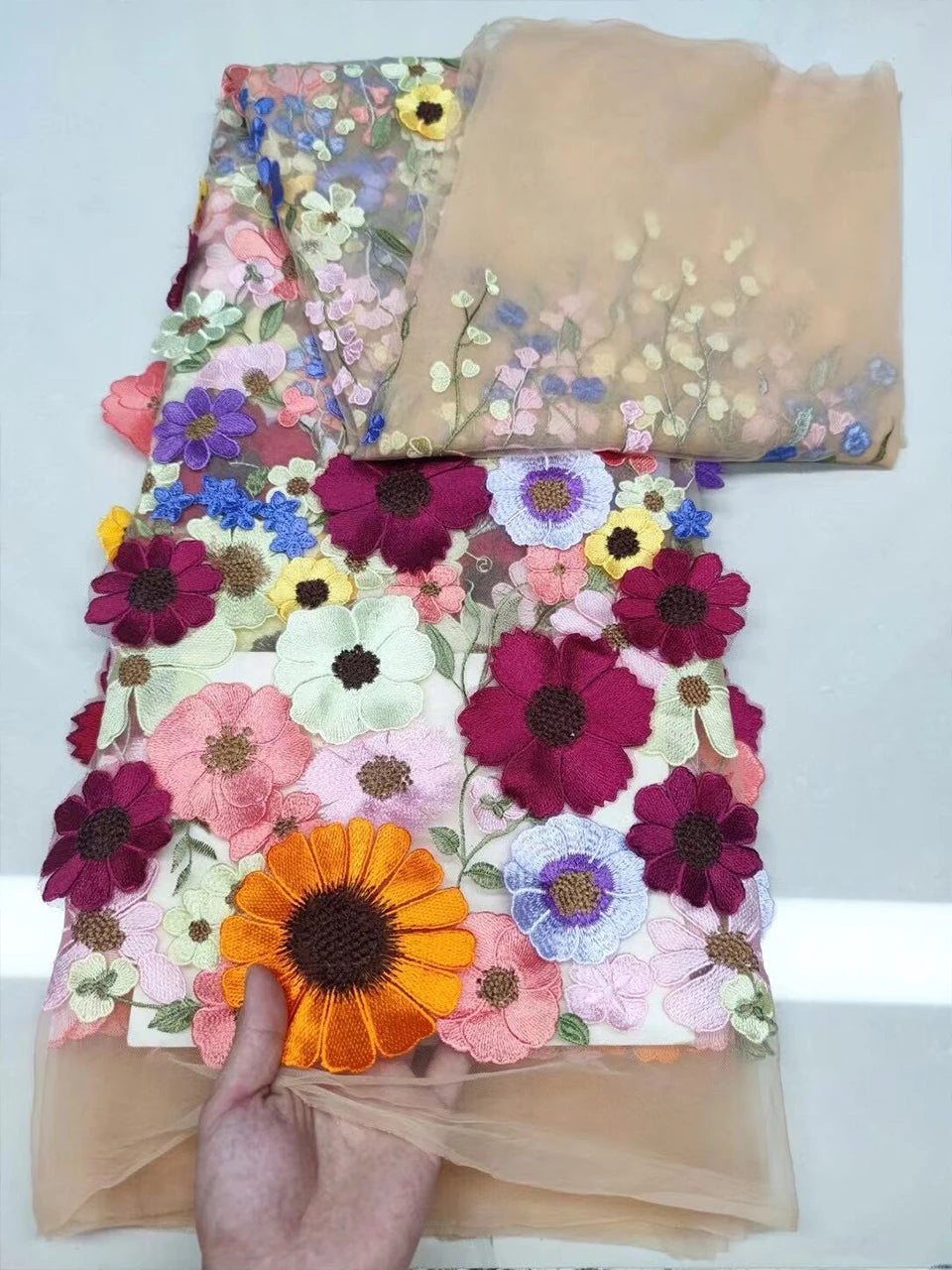 Unilateral embroidered cloth 3D applique embroidered fabric high-end women's dresses wedding dress material