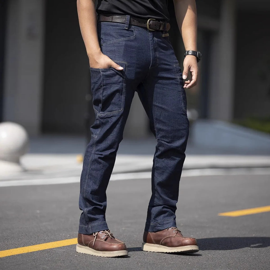 Men's Tactical Jeans Military Denim Cargo Pants Multi-pocket Elastic Casual  Work Trousers Outdoor Combat Training Hiking Pants