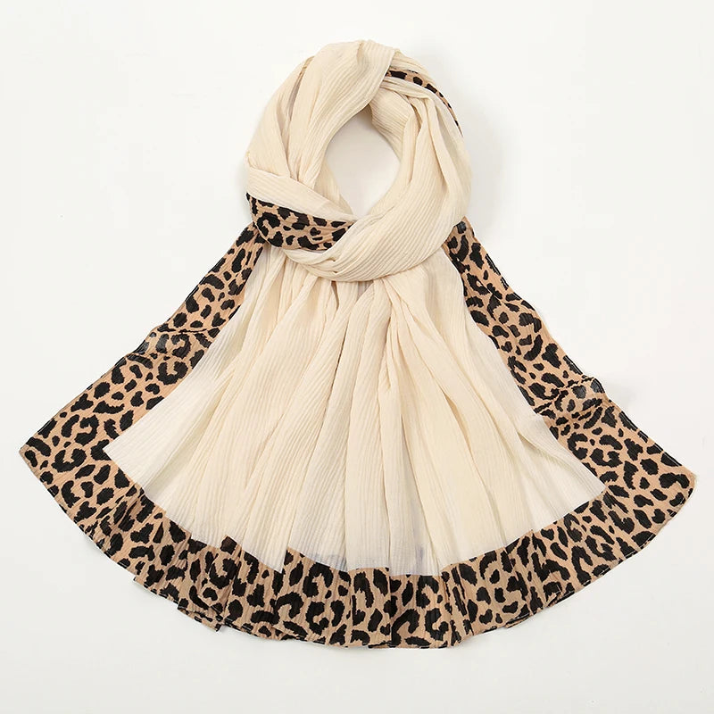 Hot Leopard Print Wrinkles Hijab Scarf Polyester Muslim Woman Hijab Shawls Lady Soft Long Wraps Femme Elegant Bandana Turban