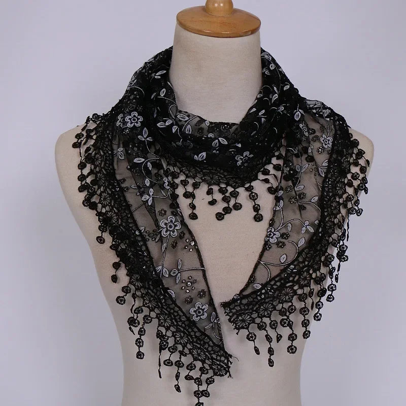 Fashion Women Triangle Wrap Fringed Shawls Head Scarf Tassel Embroidery Lace Scarves Flower Hijab Bandana Prayer Kerchief Church