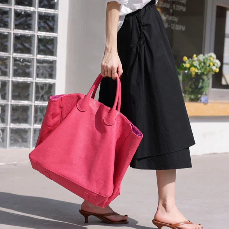 Free Custom Name Tote Bag Women High Quality Soft Comfortable Genuine Leather Minimalist Casual Large Capacity 41cm Big Handbag