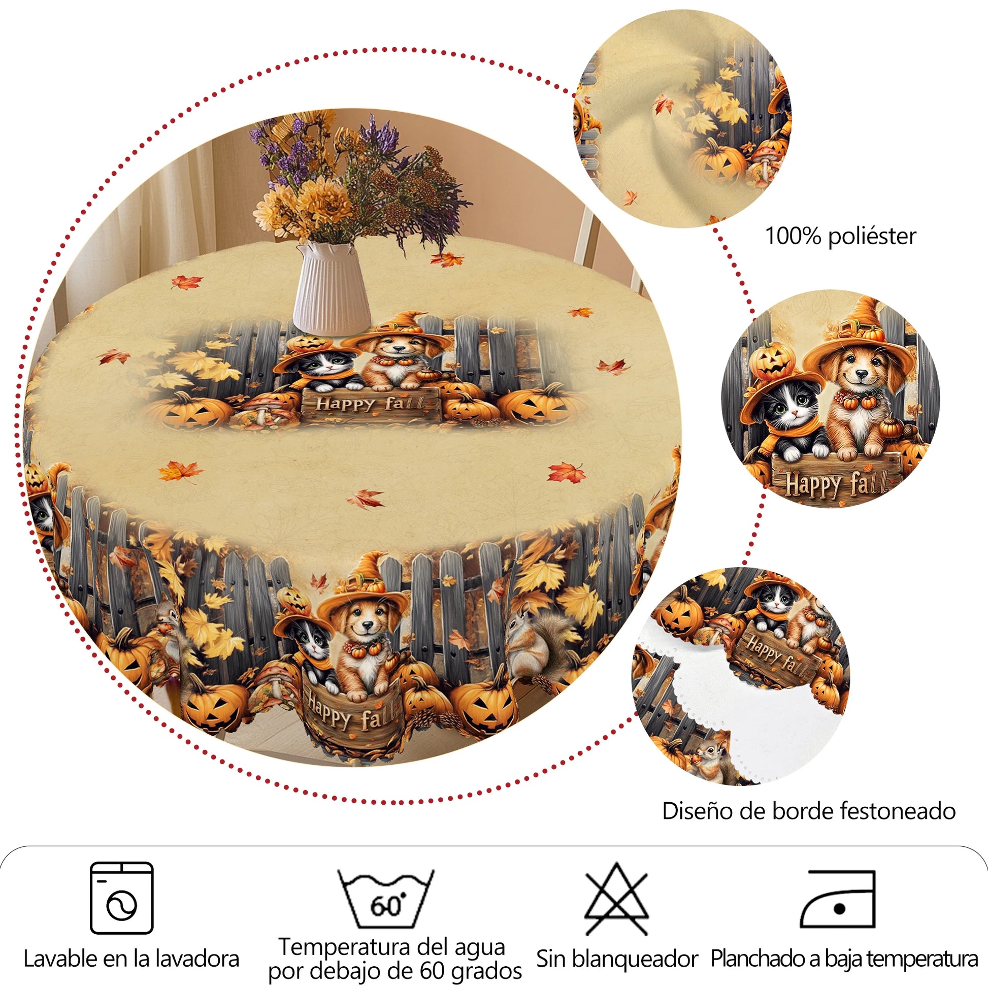 1 Piece of Autum Thanksgiving Themed Printed Tablecloth, Retro Country Farmhouse Style, Puppy, Kitten, Pumpkin Pattern Design, for Holiday Parties, Camping Picnic, Garden Birthday Party Decoration, Kitchen Accessories, Dining