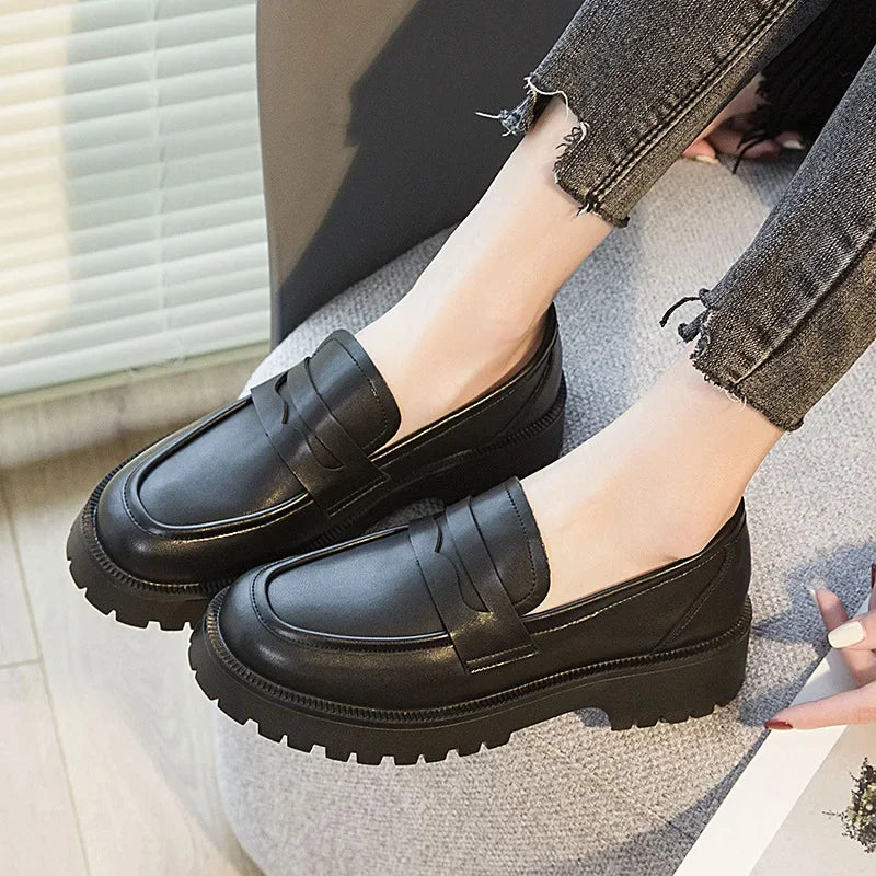 Genuine Leather Spring Autumn Shoes Female British Style 2025 New Thick-soled College Style Casual Loafers Fashion Shoes Girls